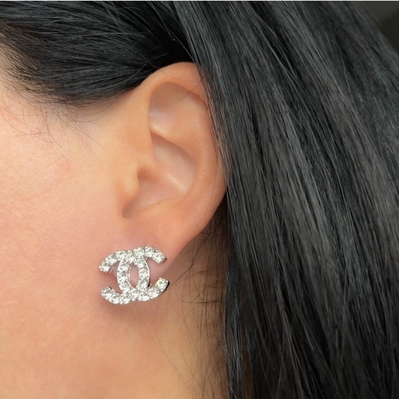NEW Gold bling crystal Chanel designer logo stud C initial earrings - Picture 4 of 6